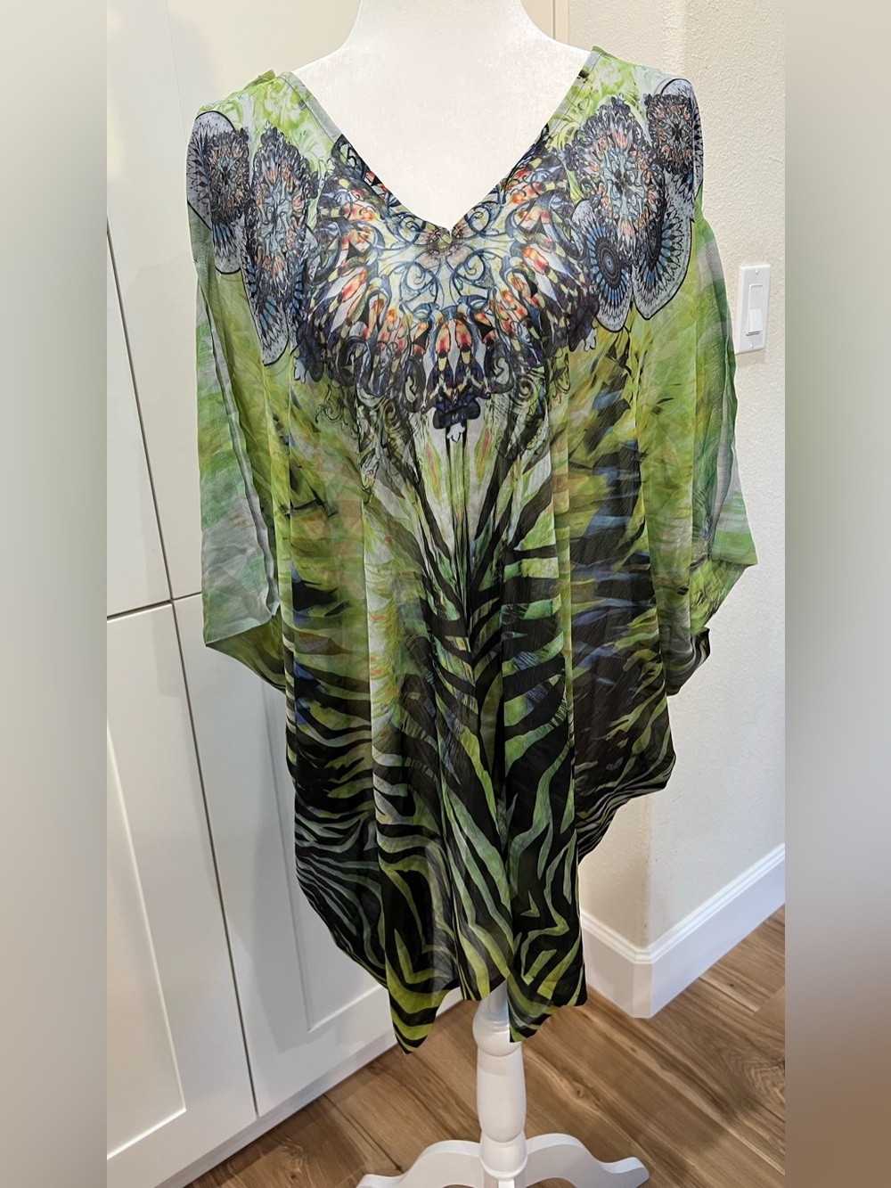 Mushka by Sienna Rose Sheer Boho Poncho Tunic Butterfly Print OS Split Sleeve